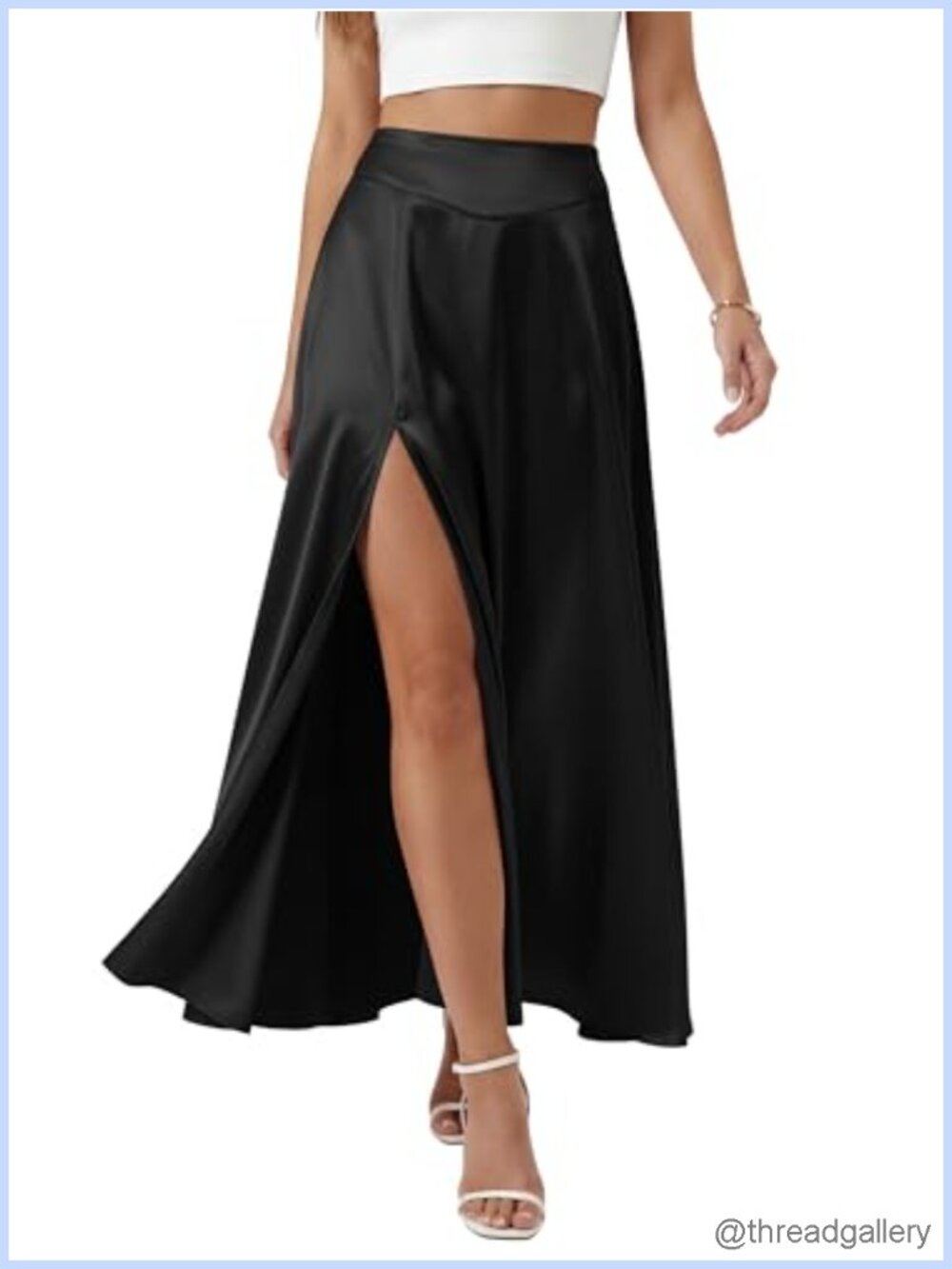 Heavyweight Satin Maxi Skirt High Leg Slit A-Line with Pockets